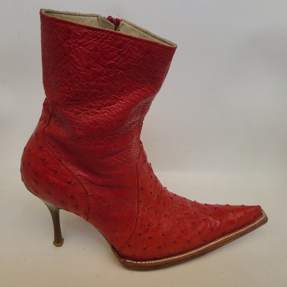 Vtg Goss Red Leather Ostrich Boots 6 Stiletto Pointed Toe Western Witchy Cowboy - Picture 10 of 16